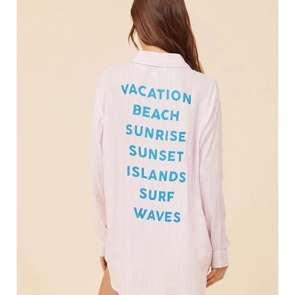 Vintage Havana Locals Only Oversized Striped Button Down Pink/White Graphic Sz M - Picture 1 of 14